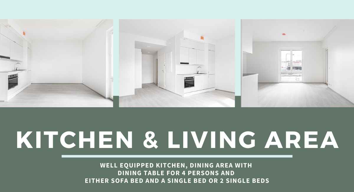 Well equipped kitchen, dining and living area